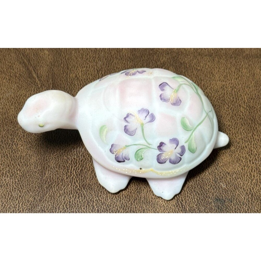 VTG Fenton White Pink Satin Hand Painted Violets Turtle Figurine Ltd Edition